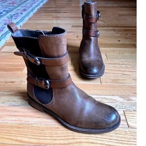 Henry Beguelin Brown Leather Moto Buckle Boots Handmade Italy Womens 37.5